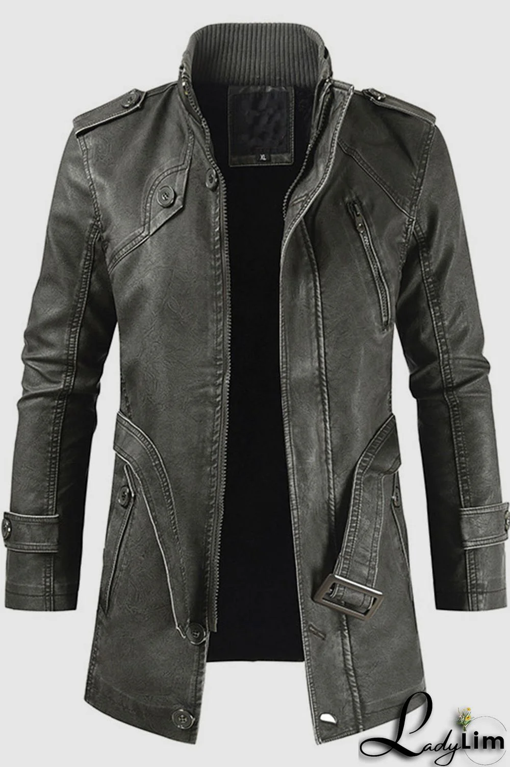 Brown Casual Solid Split Joint Zipper Turtleneck Outerwear