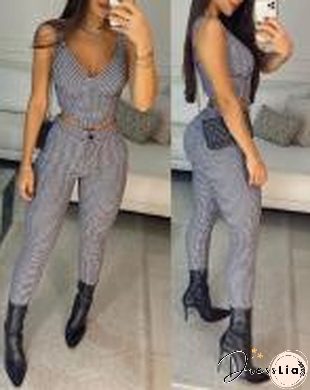 Plaid Hanky Hem V-Neck Crop Tank Top & Zipper Fly Skinny Pants Set