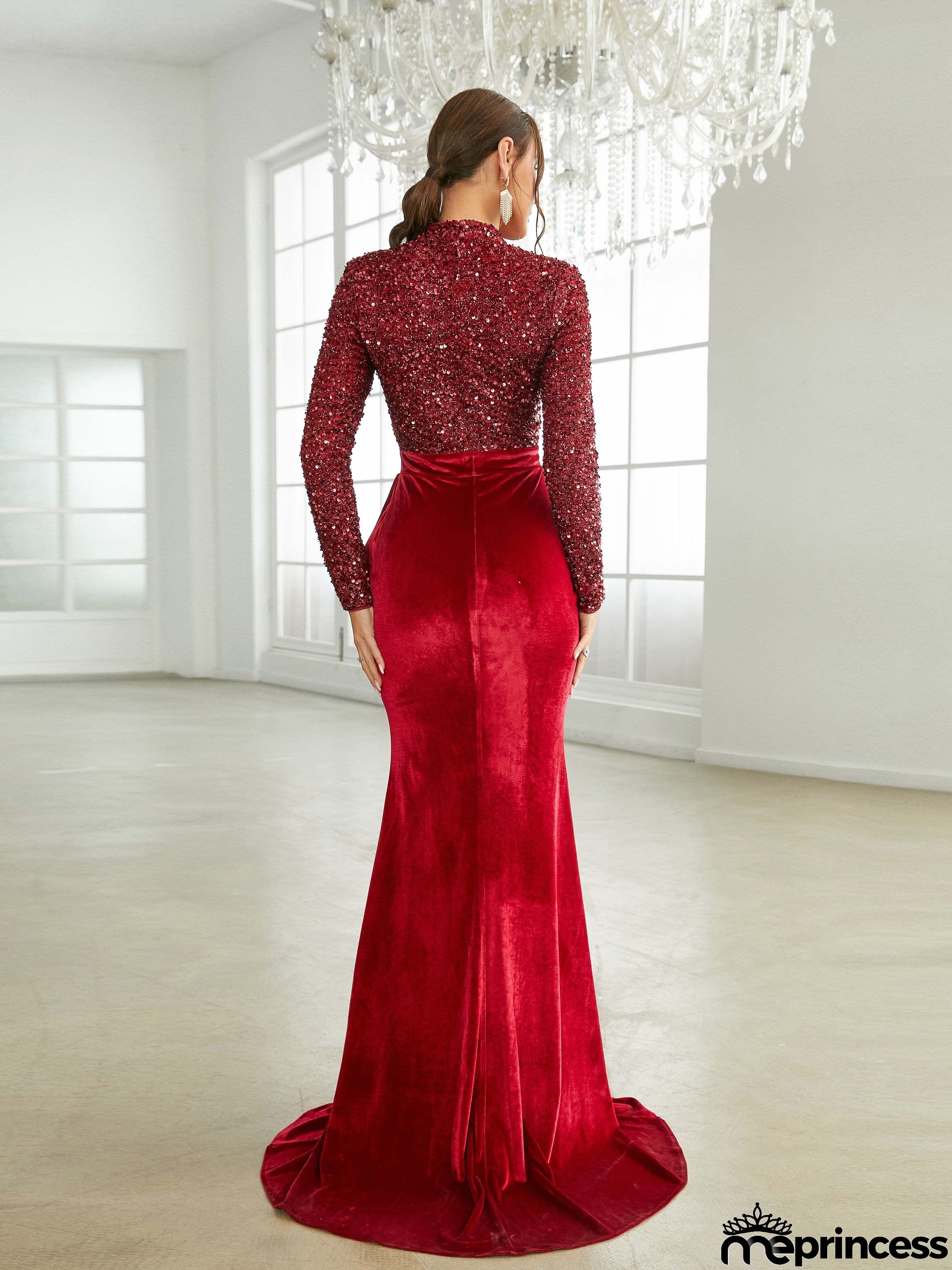 Stand Collar Velvet Panel Burgundy Formal Dress XJ2532