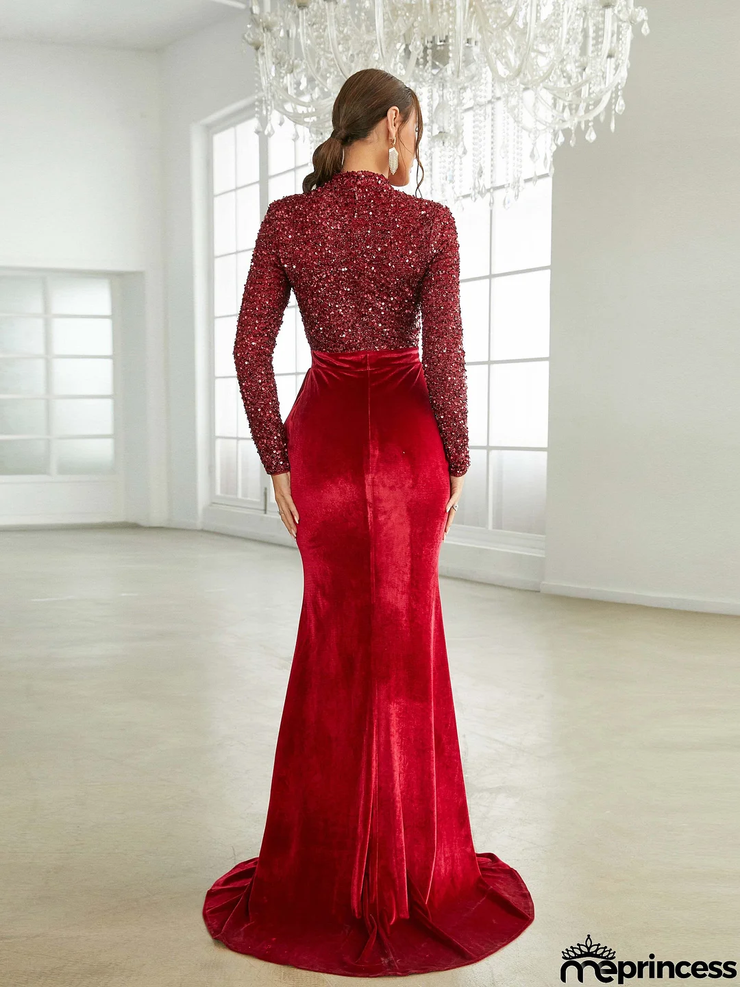 Stand Collar Velvet Panel Burgundy Formal Dress XJ2532