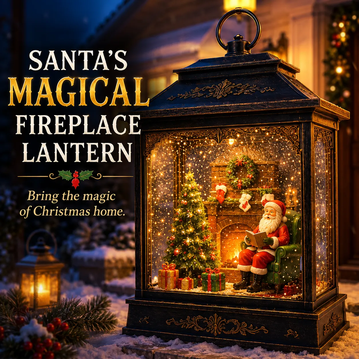 Magical Santa fireplace lantern features
