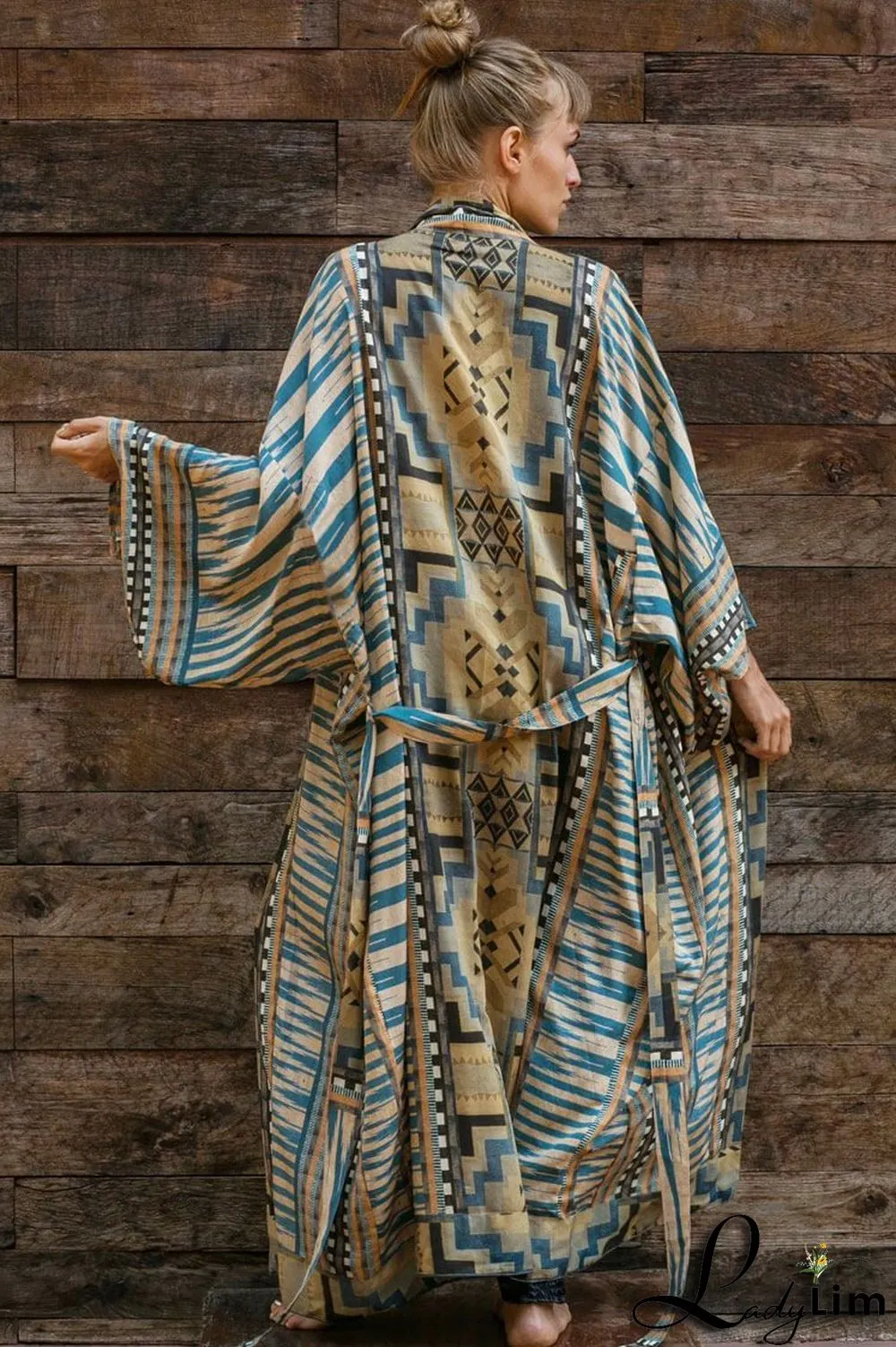 Geometric Printed Belted Long Sleeve Kimono Maxi Cover Up