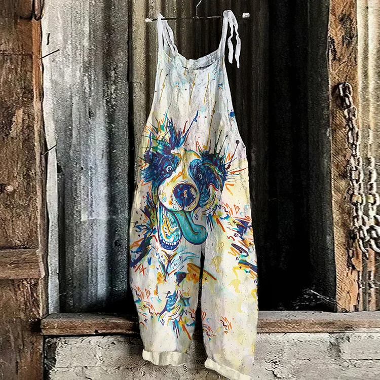 Utbros Retro Casual Crazy Milo Blue Dog Lover Watercolor Print Loose Jumpsuit
