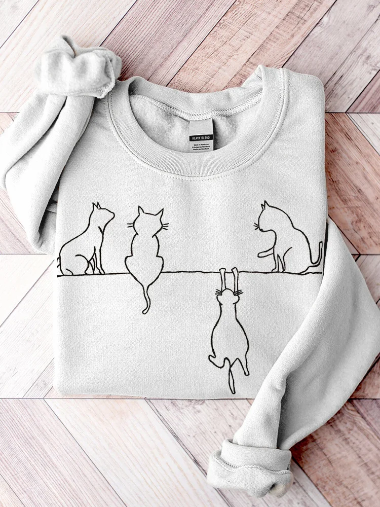 Cat Art Print Casual Cotton Sweatshirt