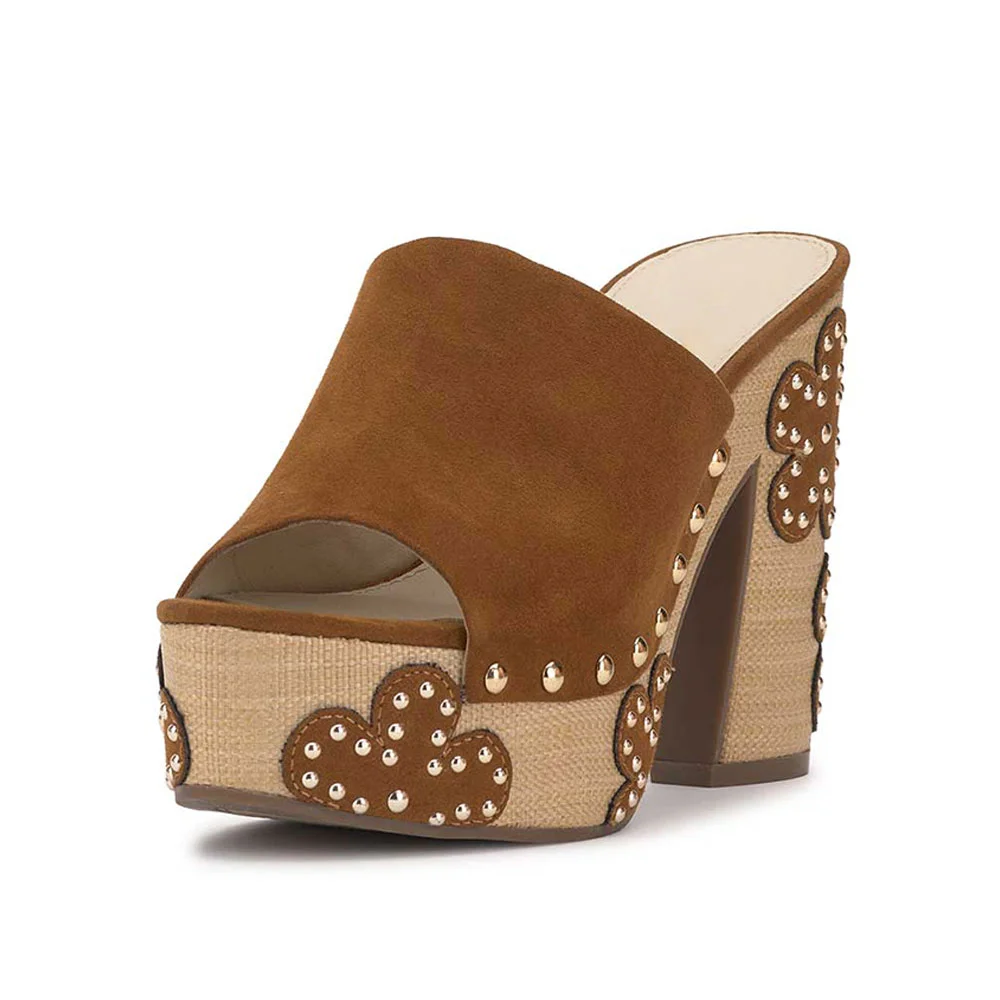 Brown Vegan Suede Open-Toe Studded Chunky Heel Floral Platform Mules