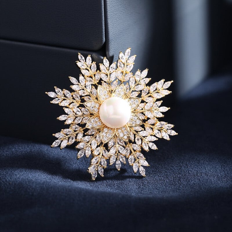 Pearl Snowflake Brooch with Cubic Zirconia