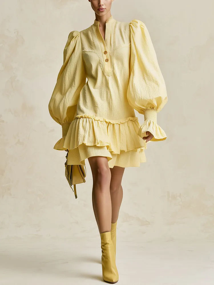 Women's Ruffle Hem Mini Dress &ndash; Stand Collar Balloon Sleeve Boho Shift Dress