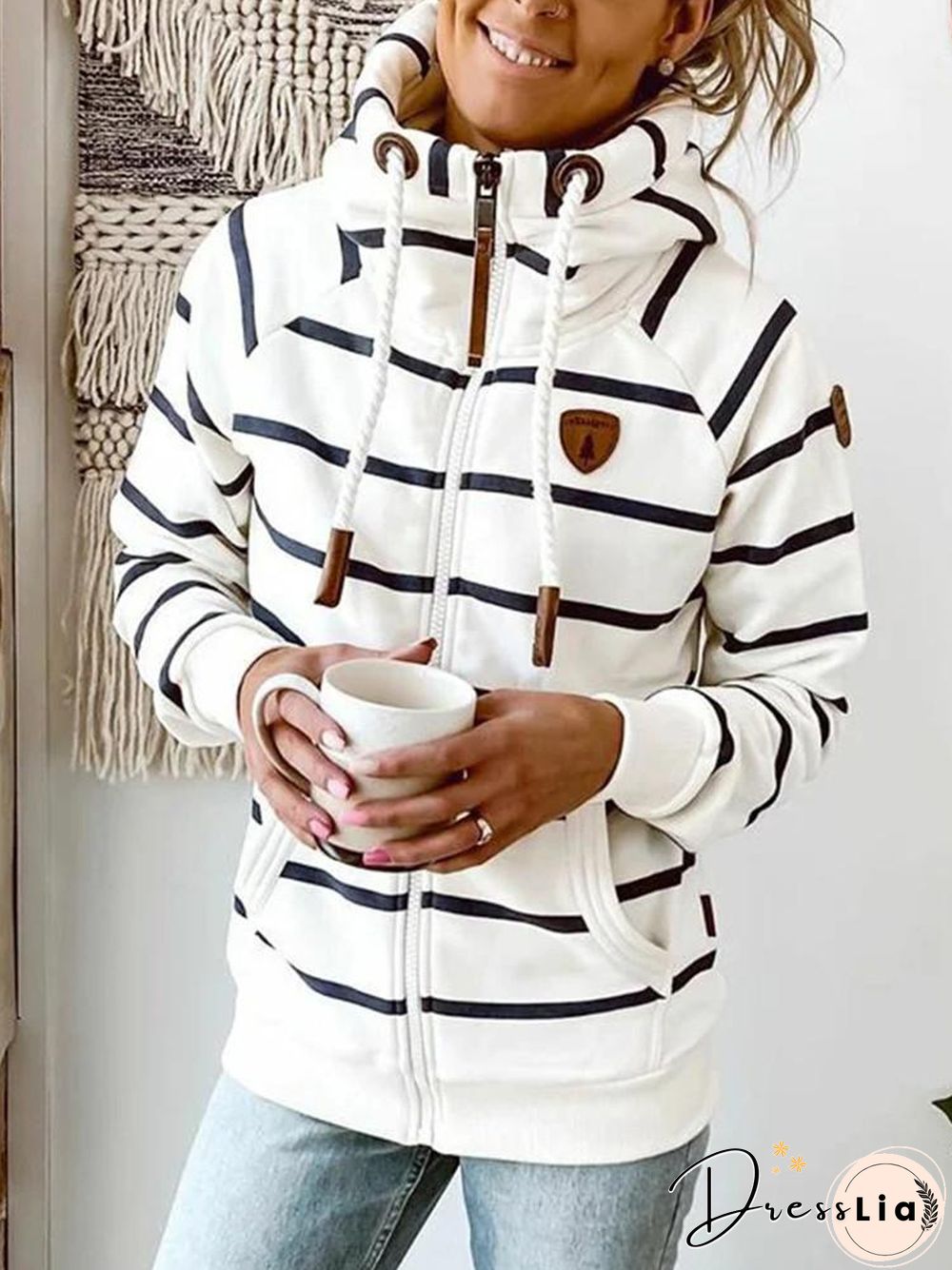 Pocket Striped Turtleneck Drawstring Coat