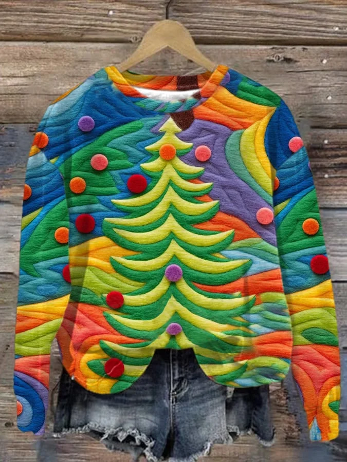 Women's Colorful Christmas Tree Casual Print Long Sleeve Sweatshirt-mysite