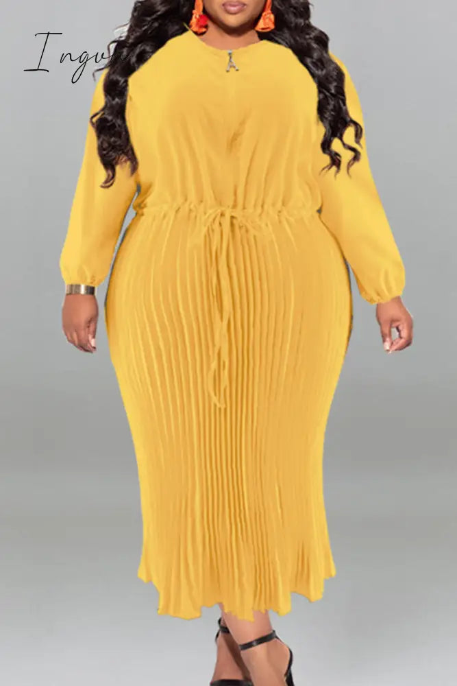 Ingvn - Gold Casual Street Solid Patchwork Draw String Zipper Pleated O Neck Long Sleeve Plus Size