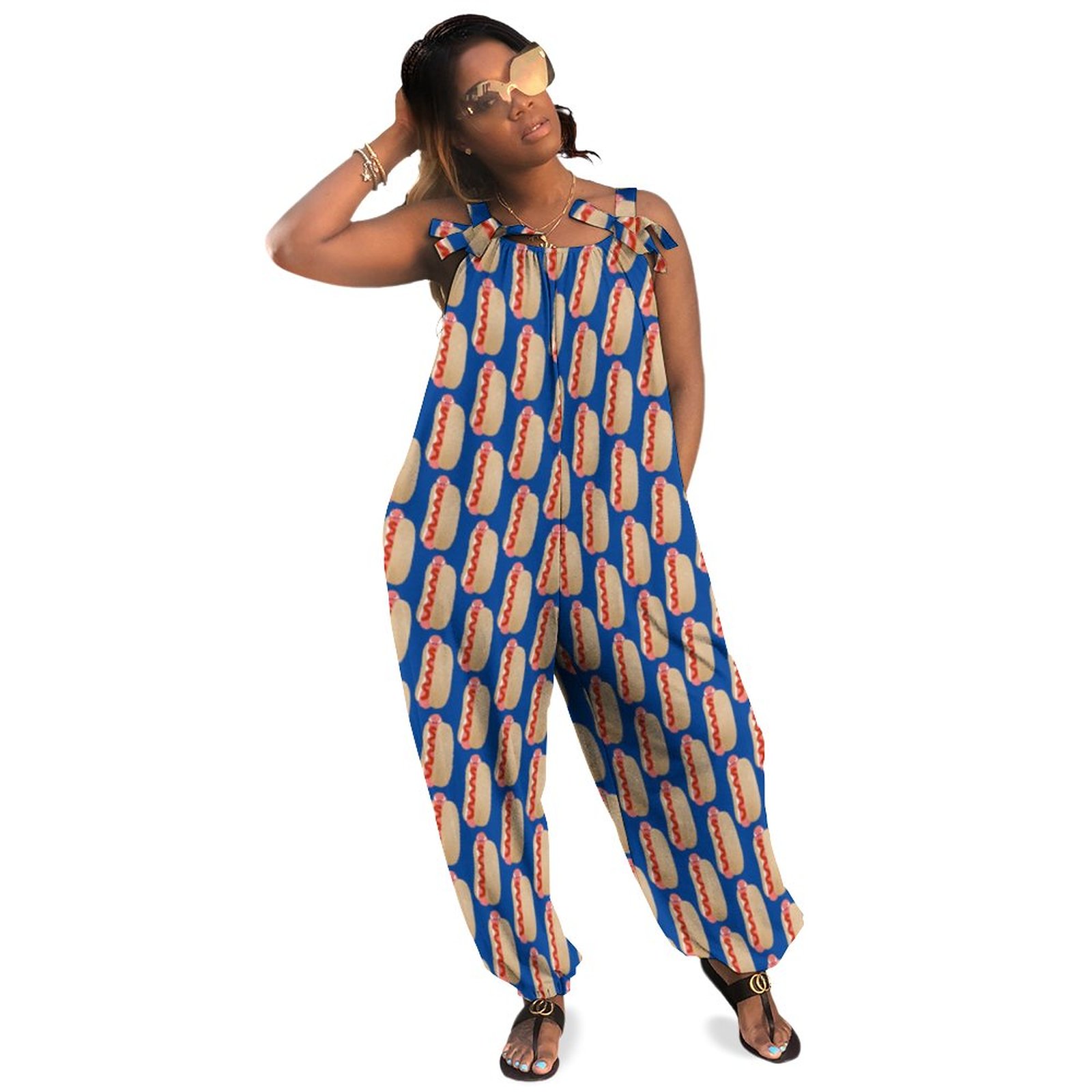 Cute Funny Hot Dog Weiner Cartoon Boho Vintage Loose Overall Corset Jumpsuit Without Top