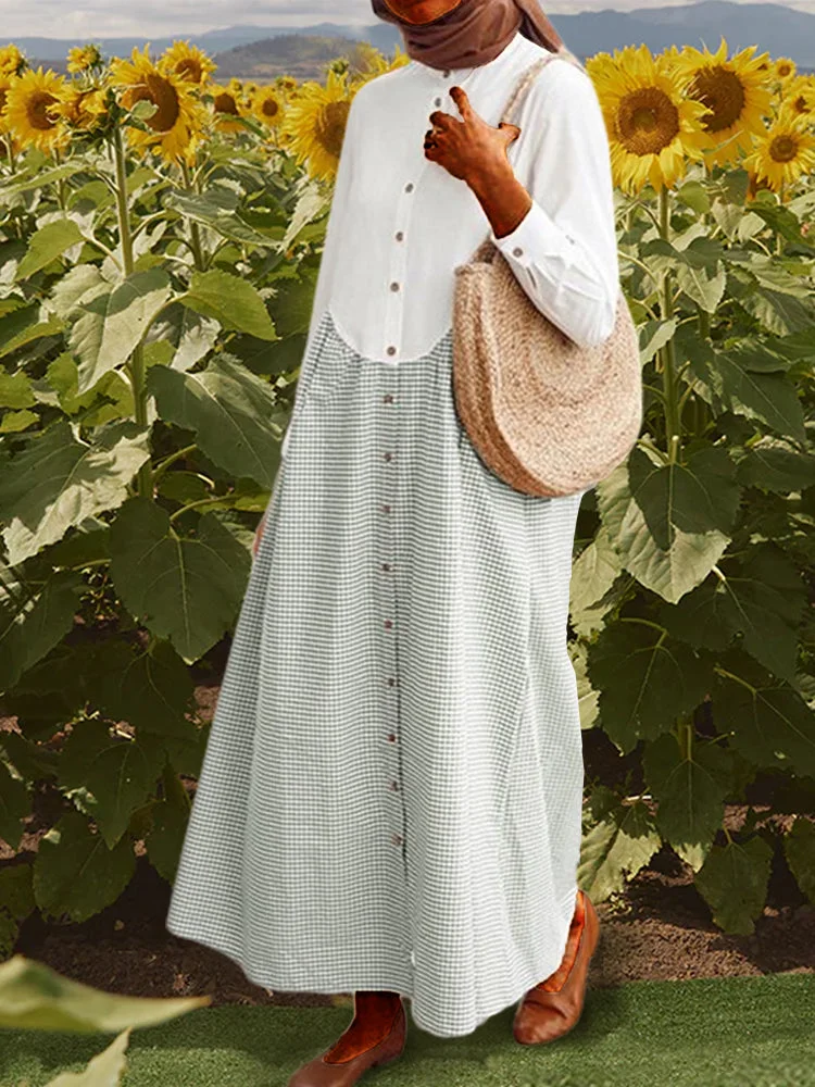 Patchwork Check Print Stand Collar Button Long Sleeve Elegant Loose Casual Shirt Dress