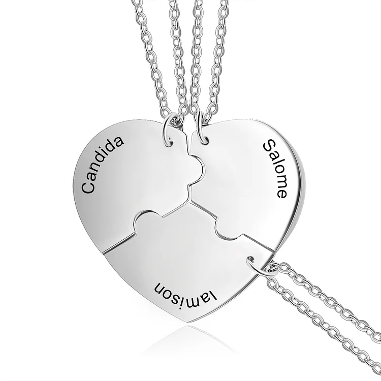 Personalized Heart Puzzle Necklace Custom 3 Names Necklace for Friends