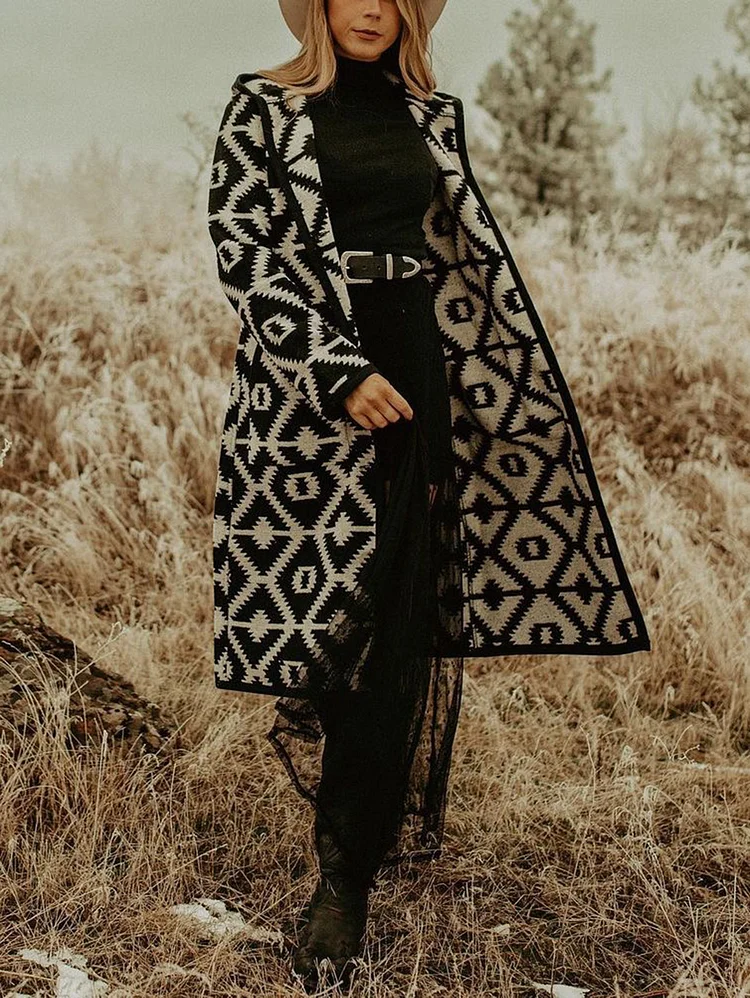 Casual Geo Pattern Button Long Sleeve Hooded Worsted Merino Coat