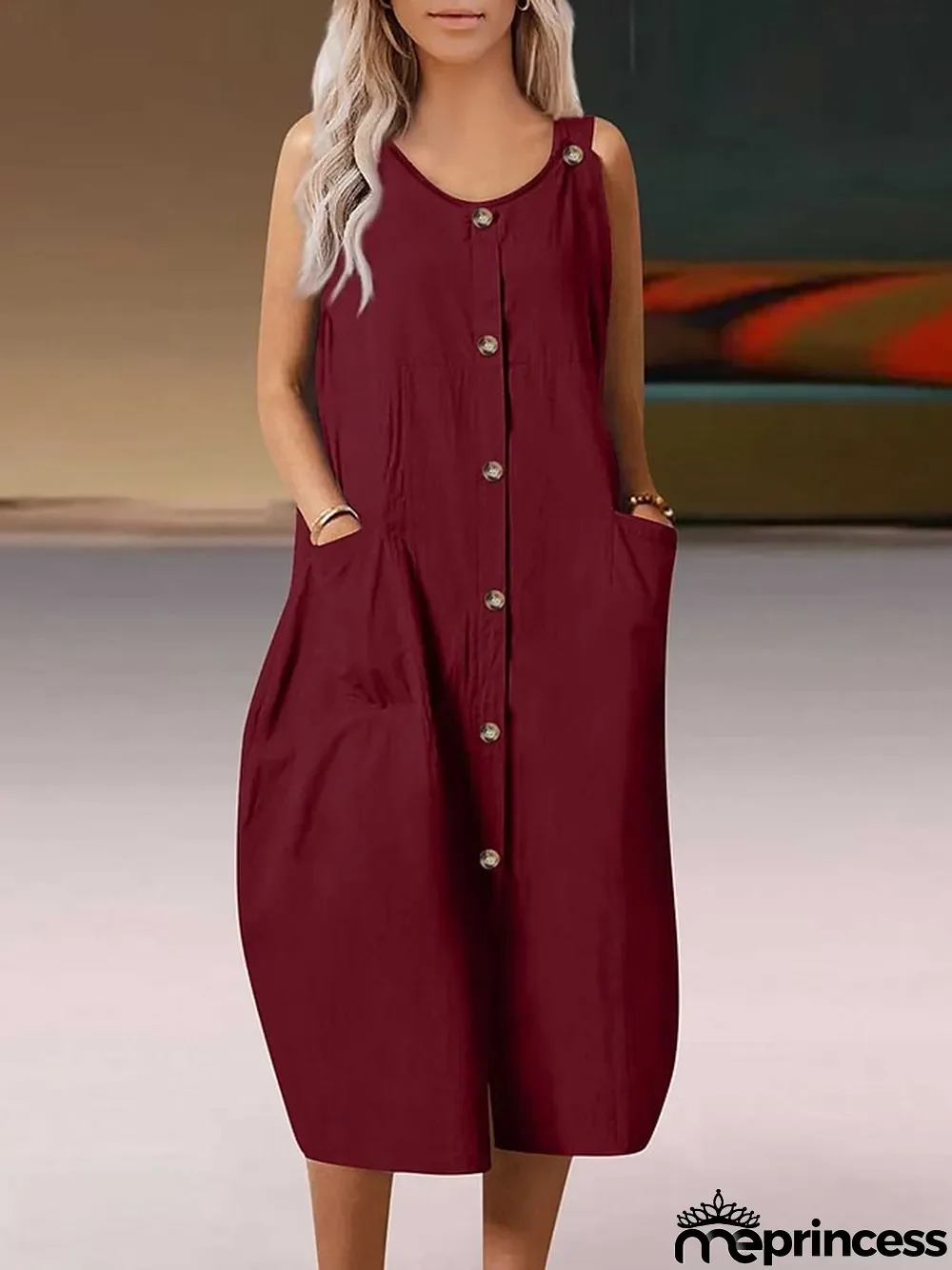 Women's Casual Dress Cotton Linen Dress Tank Dress Midi Dress Linen Cotton Blend Fashion Modern Outdoor Daily Holiday Crew Neck Button Pocket Sleeveless Spring Fall Winter Loose Fit Light Blue