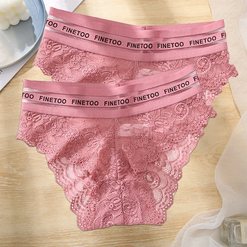 FINETOO 2PCS/Set L-XXL Floral Lace Women Panties High Waist  Sexy Lace Underwear Woman Letter Lingerie Female Seamless Briefs