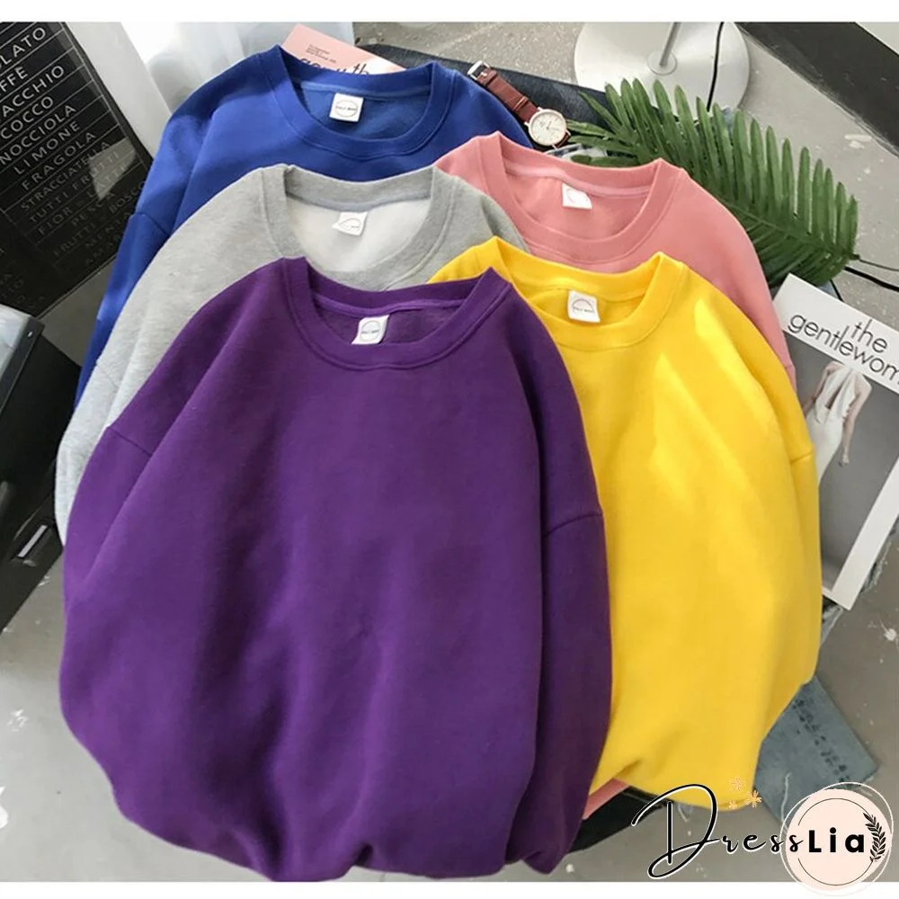 Woman Solid Color O-Neck Sweatshirt Casual Loose Fit Hoodie Harajuku Aesthetic Streetwear Velvet Pullover White Tops Korean Pop