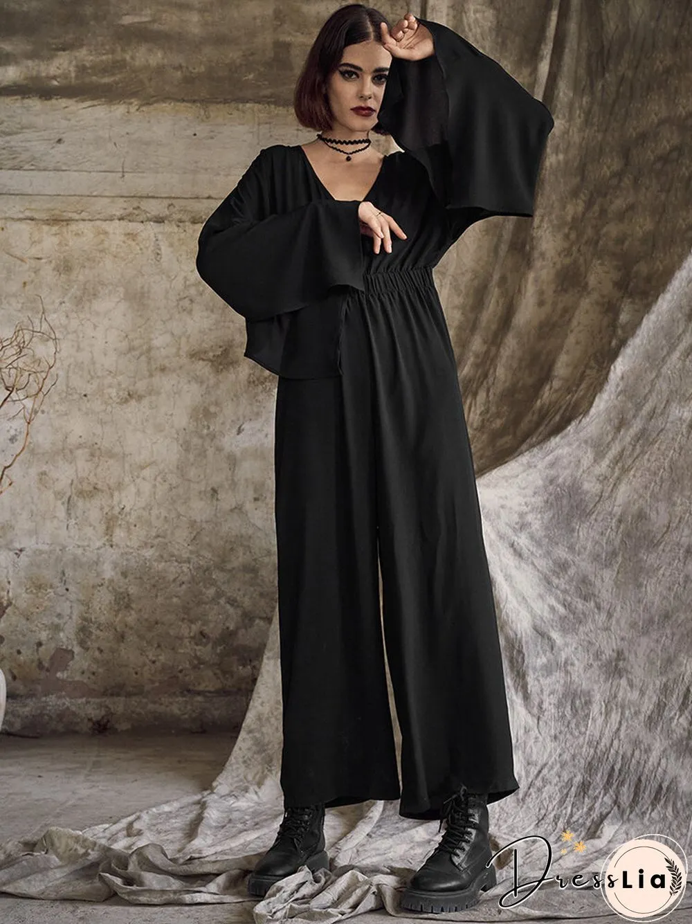 Solid Side Split Long Sleeve V-neck  Wide Leg Jumpsuit