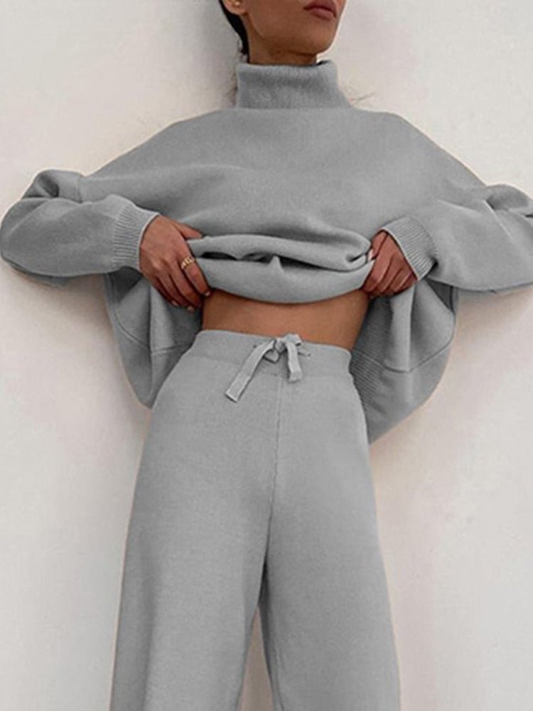 Tawnie Knitted Women Tracksuit 2022 Autumn Winter Casual Turtleneck Long Sleeved Sweater Top Wide Leg Pants Suits Sweater Set