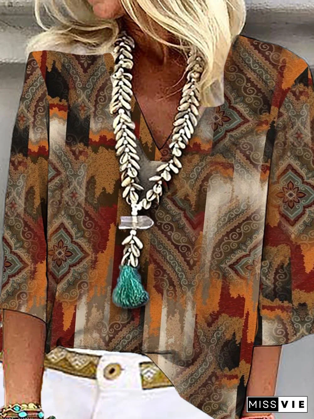 Casual Three Quarter V Neck Plus Size Printed Tops