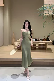 Ejimei Sexy Bodycon Satin Dress Women New Summer Spaghetti Strap Swinging Collar Mermaid Solid Evening Party Dresses Prom Robe Vestido