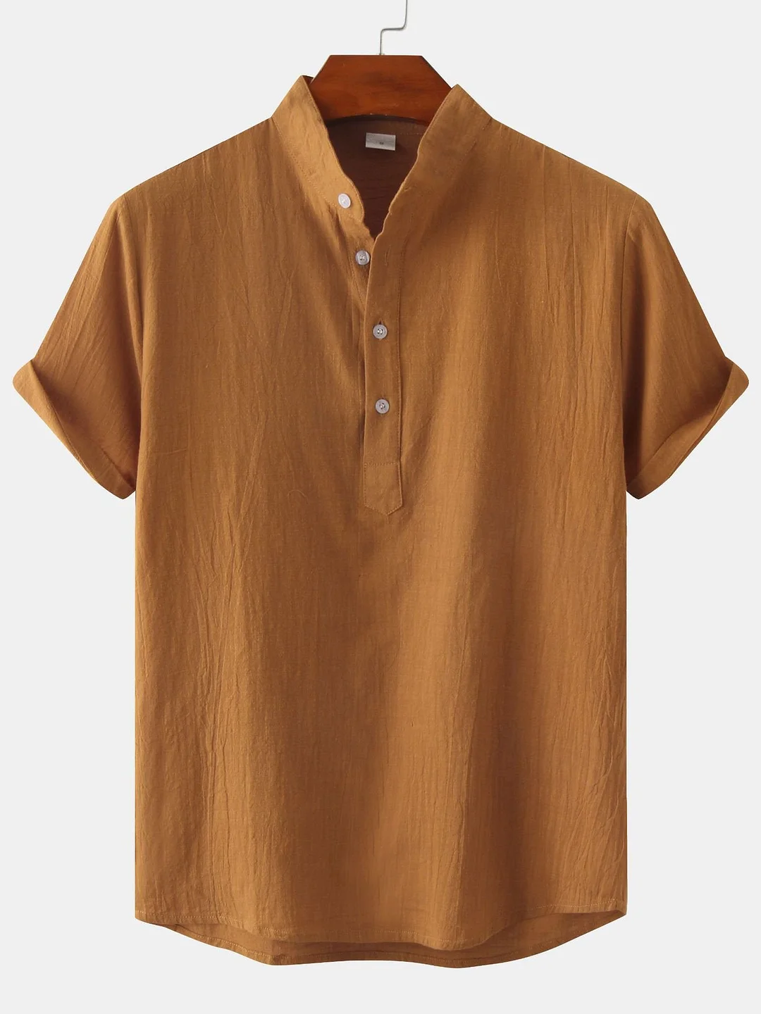 Men's Solid Color Stand Collar Comfortable Casual Short Sleeve Shirt