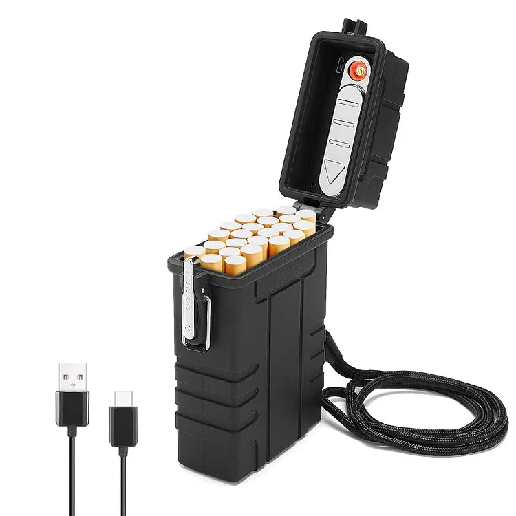 Waterproof Windproof Cigarette Case Container with USB Rechargeable Lighter For Outdoors 