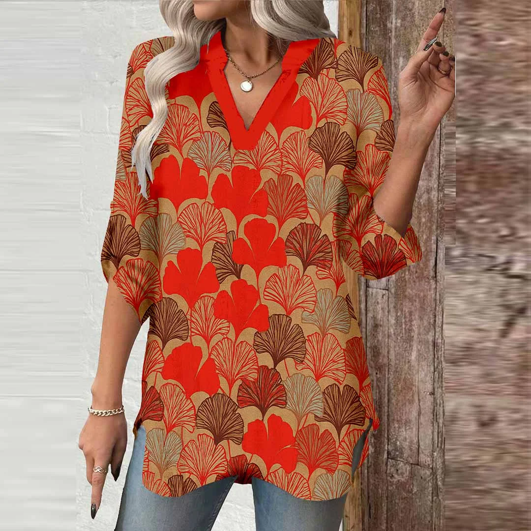 Women Leaves, Red, Orange DZGA0165 3/4 Sleeve V-neck Printed Graphic Button Tops