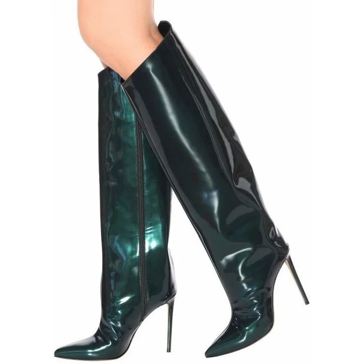Green Patent Leather Stiletto Boots Knee High Boots |FSJ Shoes