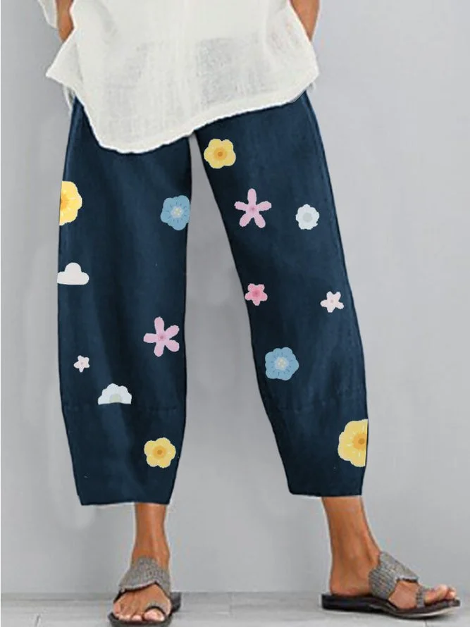 Blue Cotton Floral Casual Pants