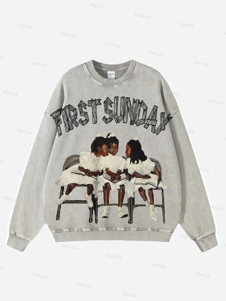 First Sunday Portrait Graphics Washed Distressed Crew Neck Sweatshirt