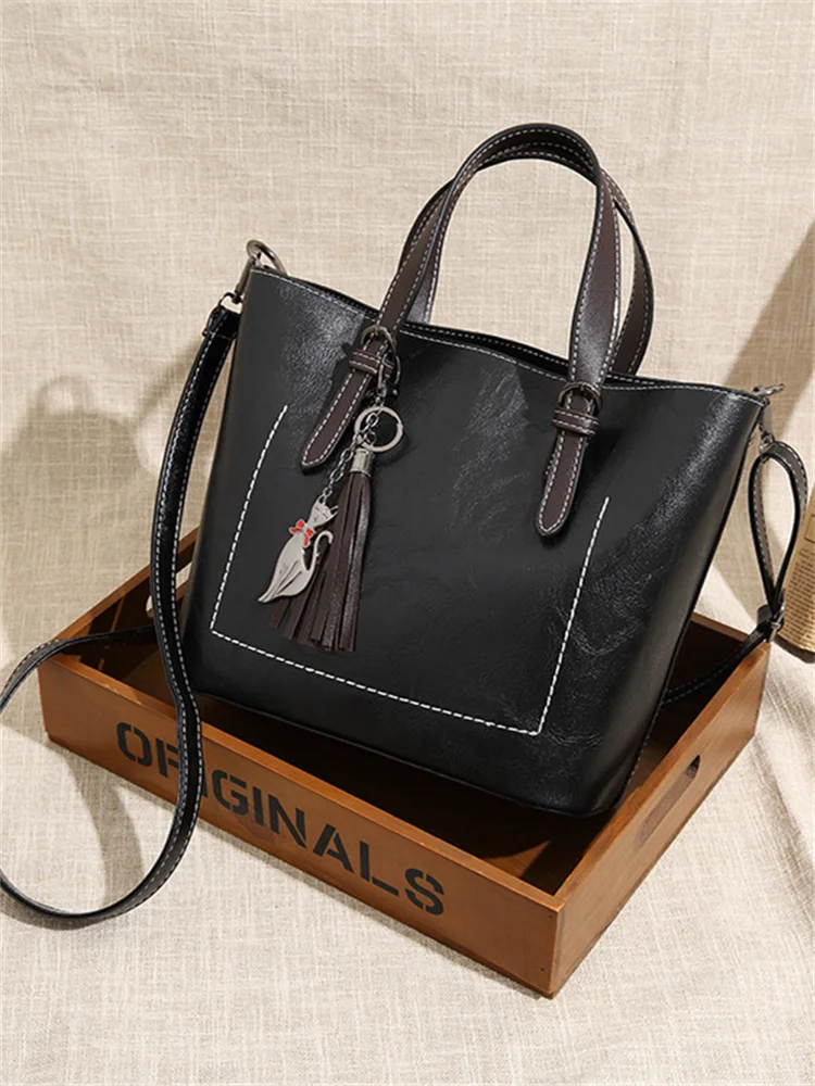 Contrast Color Cat Tassel Pendant Utility Tote Bag