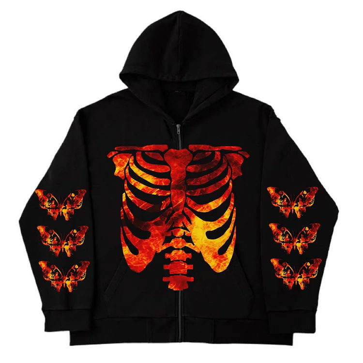 Y2k Skull Butterfly Print Zipper Hoodie Long Sleeve Sweatshirt at Hiphopee