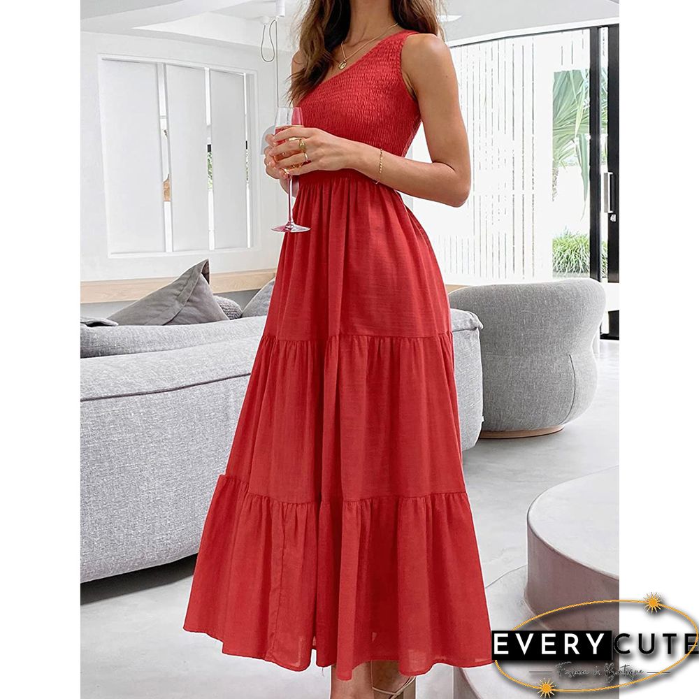 Red One-shoulder Swing Holiday Casual Dress