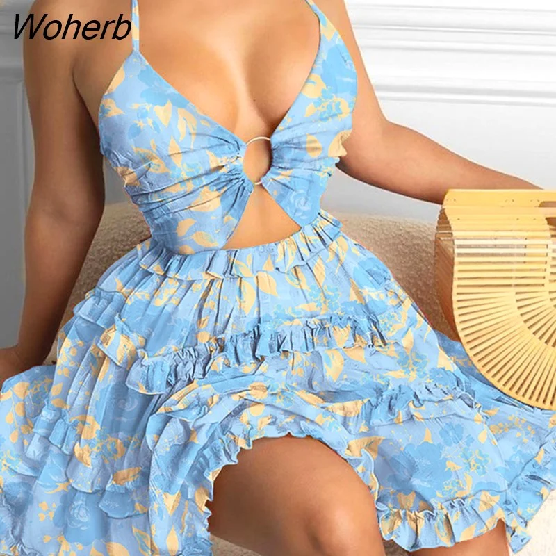 Woherb Women Elegant Printed Halter Neck Backless Cascading Ruffles Fit  Flare Big Swing Beach Dresses 2023