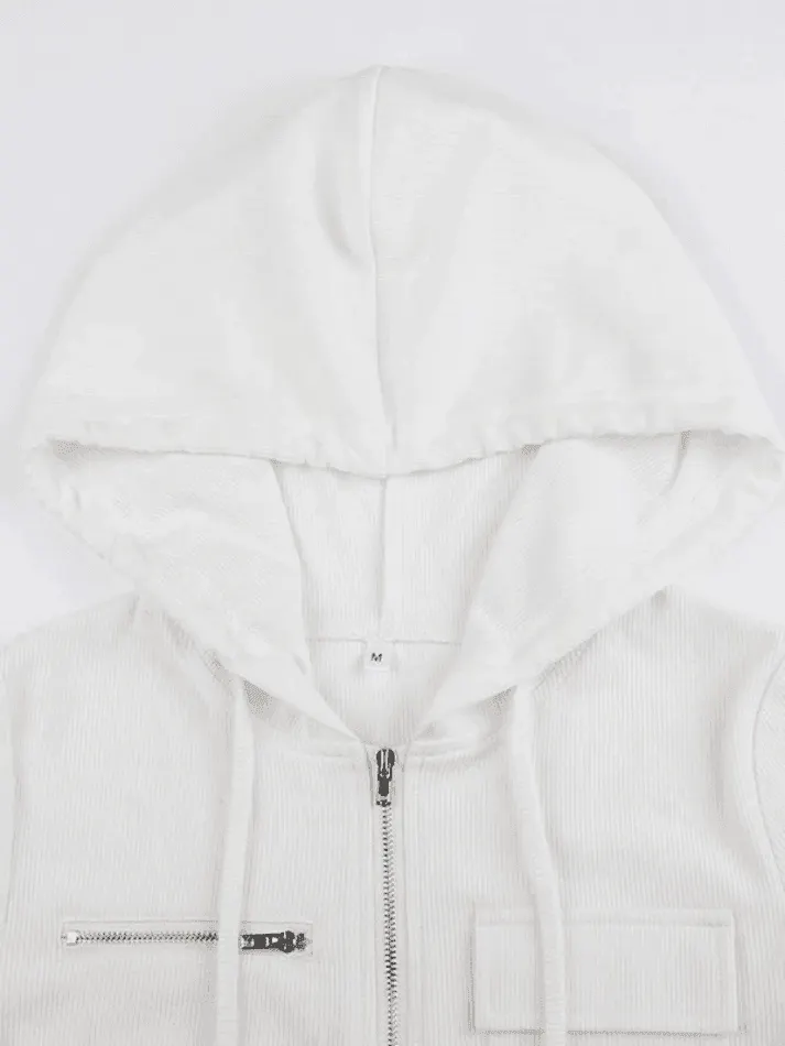Brownm White Zip-Up Hooded Cropped Knit Top