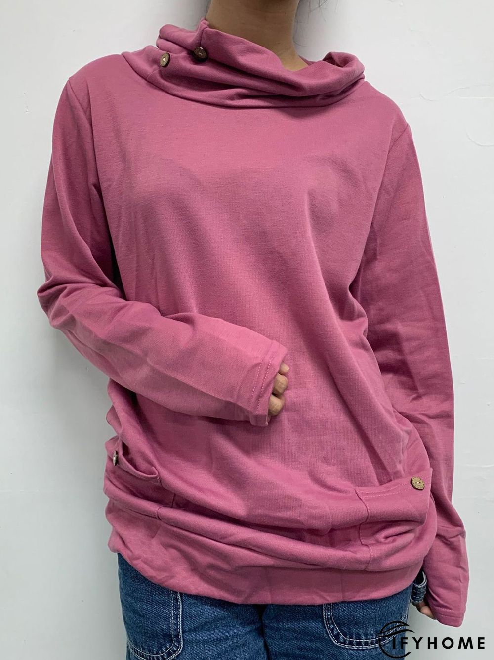 Vintage Plain Long Sleeve Buttoned Cowl Neck Plus Size Casual Sweatshirts | IFYHOME