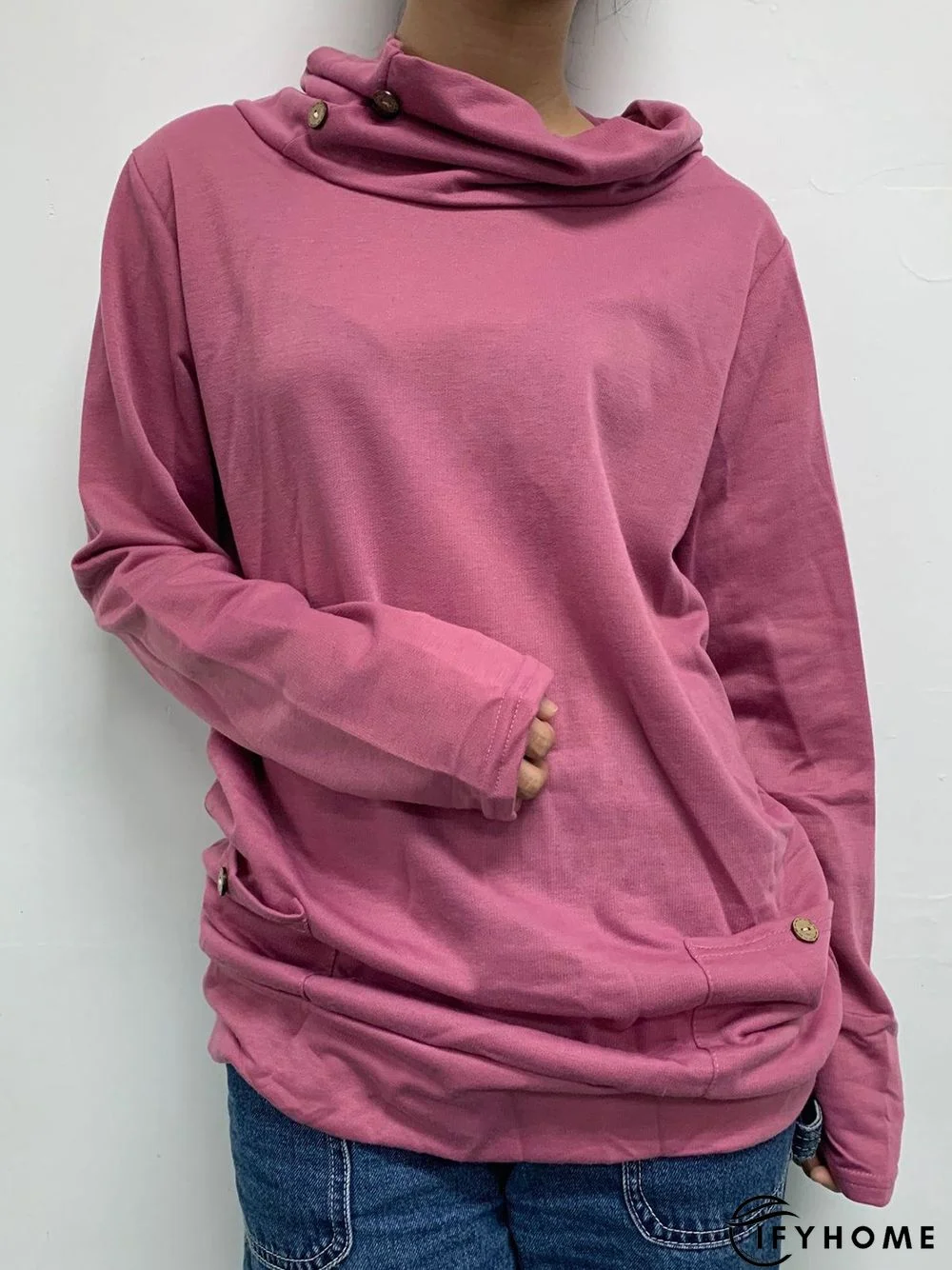 Vintage Plain Long Sleeve Buttoned Cowl Neck Plus Size Casual Sweatshirts | IFYHOME