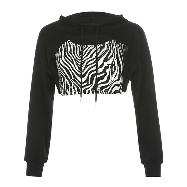 Women's Cutout Crop Top Hoodie, Casual Long Sleeve Zebra Print Drawstring Sweatshirt - Chicaggo