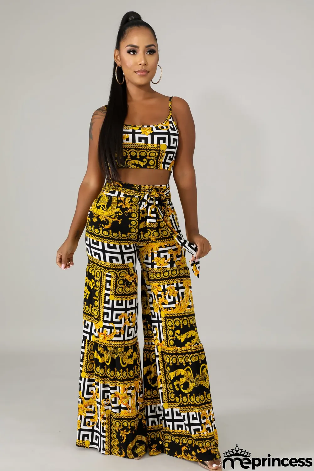 Print Retro Straps Crop Top and High Waist Trousers