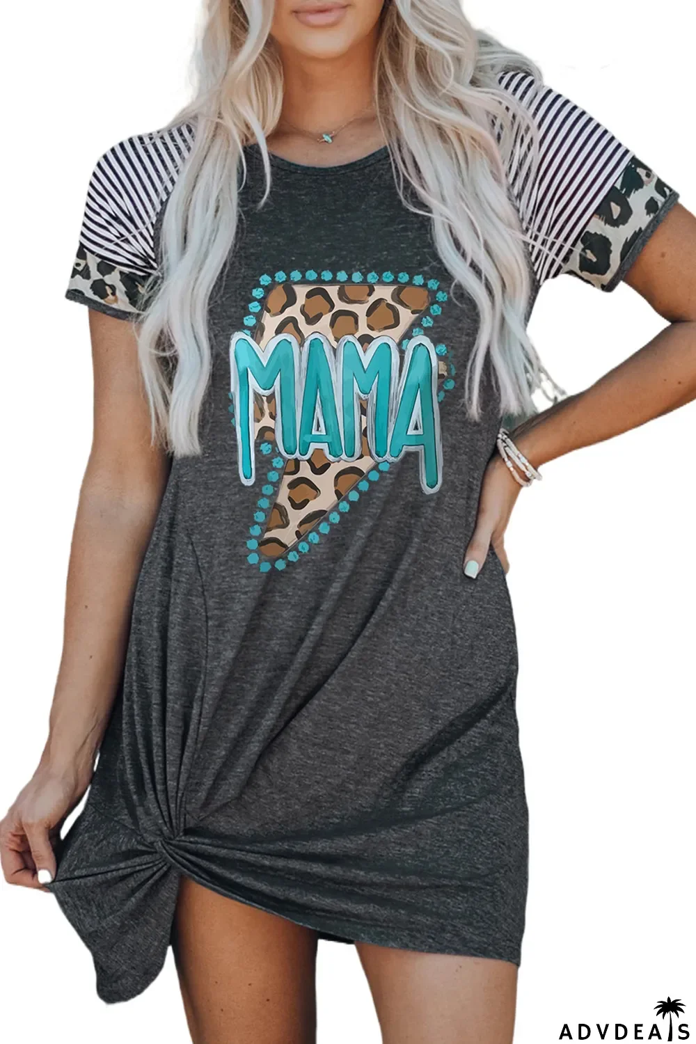 Gray MAMA Leopard Graphic Contrast Sleeve Dress