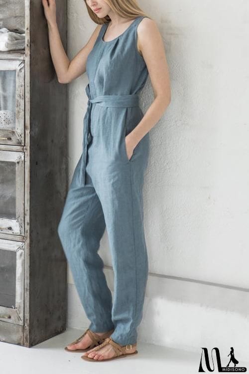 MidiSono - U Neck Sleeveless Belted Jumpsuit