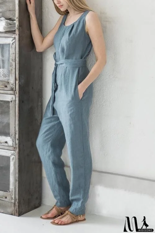 MidiSono - U Neck Sleeveless Belted Jumpsuit