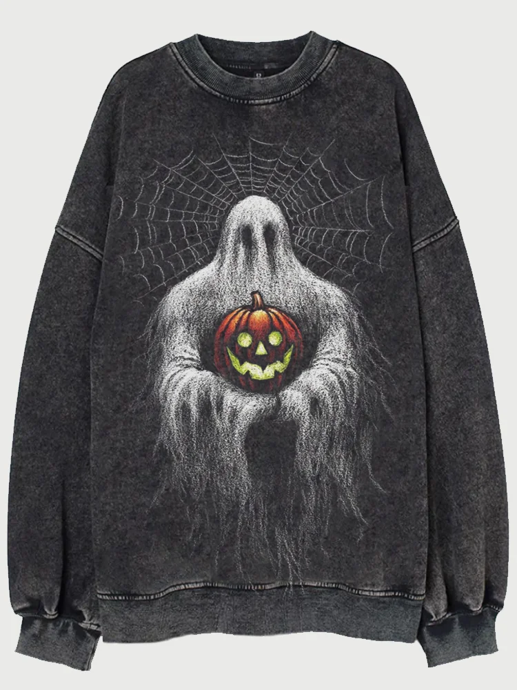 Broswear Vintage Halloween Ghost Pumpkin Art Washed Sweatshirt