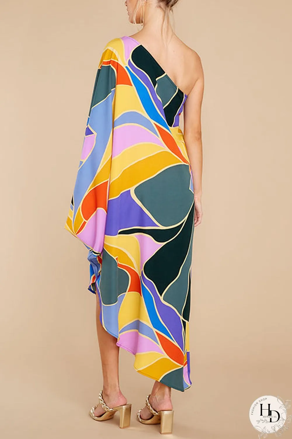 Multi Print Asymmetrical One Shoulder Dress