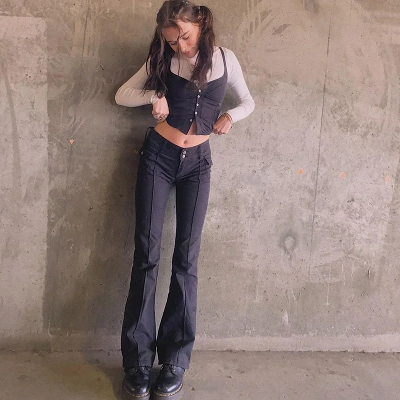 HEYounGIRL Black Vintage Skinny Long Trousers Women Casual  Low Waist Pants Capris Fashion Pocket Sweatpants Streetwear 2021