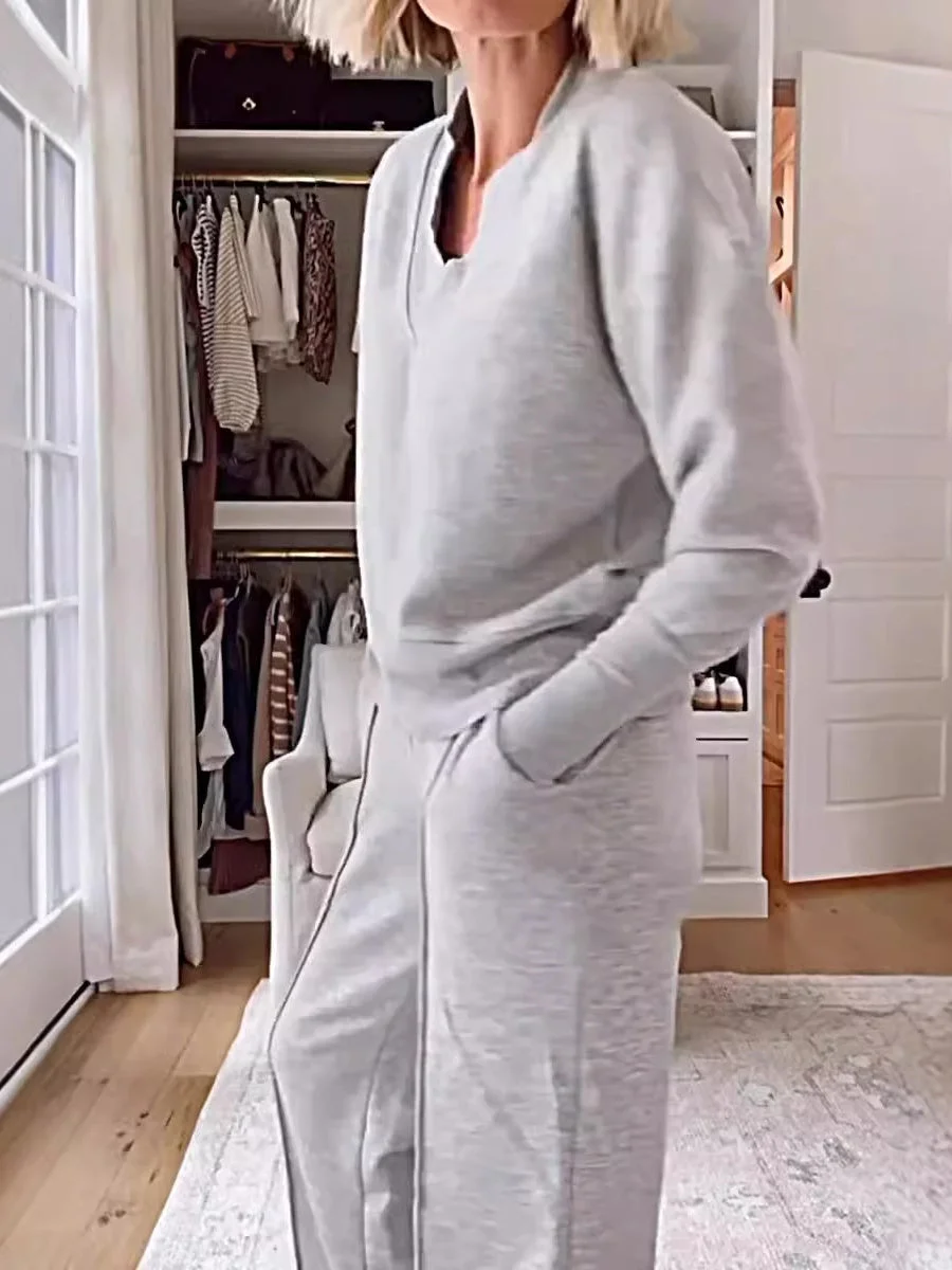 Women's Long Sleeve Hooded Loose Solid Pockets Bottoms&Tops Sets