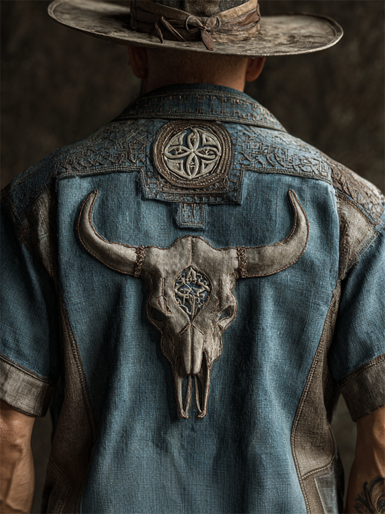 Men's Vintage Bull Skull Western Denim Patchwork Linen Shirt