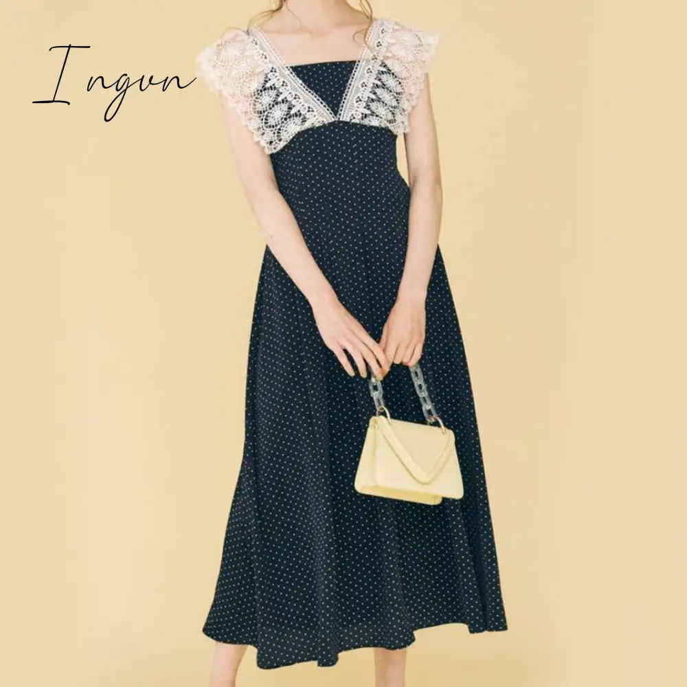 Ingvn - Hot Sales Lace Ruffle Long Dress Patchwork Elegant Vintage High Waist Sleeveless Dot