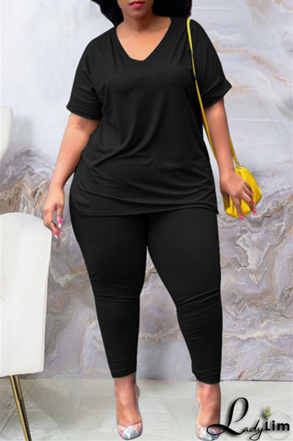 Tibetan Blue Fashion Casual Solid Slit V Neck Plus Size Two Pieces